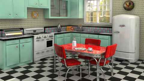 Image of a retro style kitchen with a black and white checkered linoleum floor, red chairs and table, lime green cabinets and draws, a white fridge and oven, a yellow clock on the wall and a yellow radio on the kichen bench.