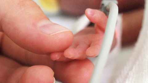 Thumb and finger holding a premature baby's hand