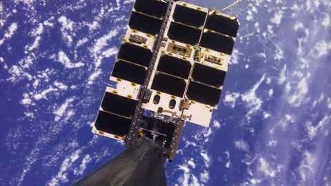 The TPA-1 CubeSat in orbit imaged by its onboard inspection boom or “selfie stick”.