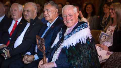 Sir Richard Faull at Waipapu marae, Te Āti Awa, wearing a korowai
