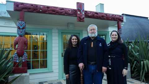 Dr Maia Hetaraka, Mātua Bernard Henare, and Dr Piata Allen outside the James Henare Research Centre.