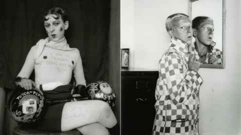 Two images from the exhibition: left, Claude Cahun and Marcel Moore, Untitled [I am in training, don't kiss me], 1927. Right, Claude Cahun and Marcel Moore, Untitled [Cahun with mirror image], 1928. Courtesy of Jersey Heritage Collections.