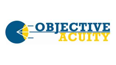 Objective Acuity logo - Eye symbol with wording in navy and yellow
