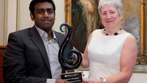 Nira Paskaranandavadivel winning the Riddet Institute Best Student Presenter Award, with Prof. Brigid Heywood (2012)