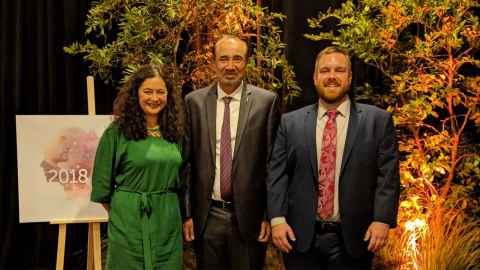 Lisa te Morenga and Tim Angeli, Rutherford Discovery Fellows for 2018, with Prof. Harjinder Singh (2018)