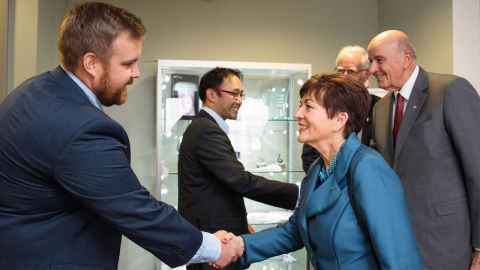 Tim Angeli and Leo Cheng presenting to the Governor General Rt Hon Dame Patsy Reddy and Sir David Gascoigne, with Prof. Peter Hunter.