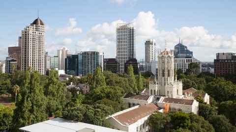 Aerial view of the ClockTower with Auckland City in the background