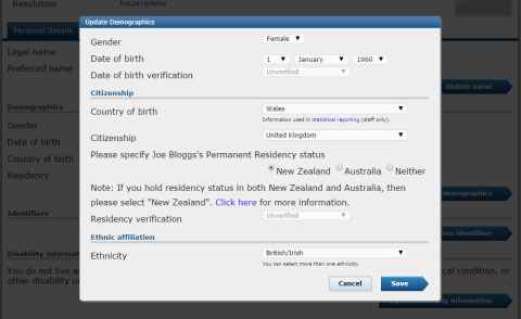 Screenshot of a registration page