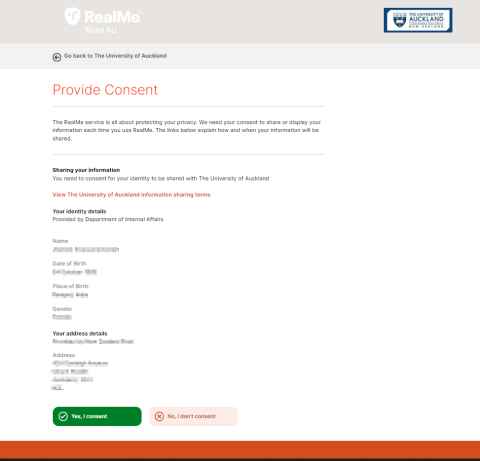 Screenshot of a RealMe consent page