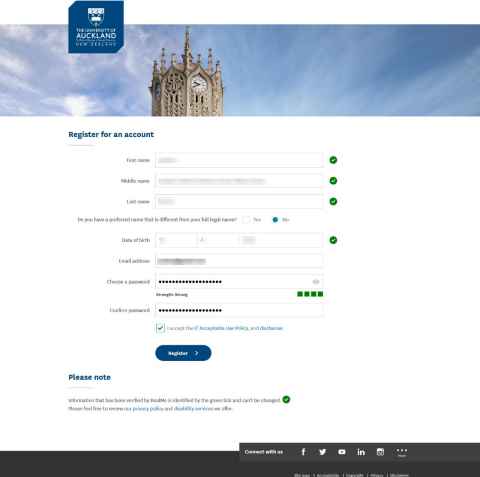 Screenshot of a registration page