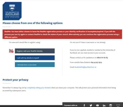 Screenshot of a registration page