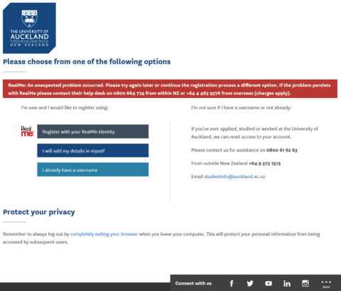 Screenshot of a registration page
