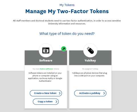 Screenshot of My Tokens web page. Heading is: Manage My Two-Factor Tokens. There are two options: Software tokens and Yubikey