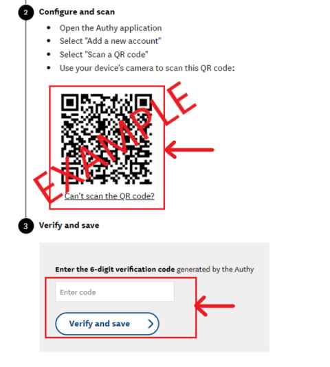 Screenshot showing an example of a QR code and the entry box for the 6-digit verification code generated by Authy. Following the entry box, there is a button labelled Verify and save.