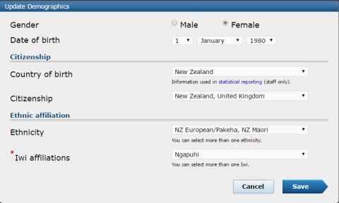Screenshot of the Update Demographics page