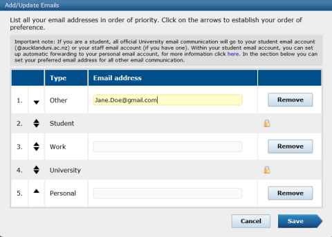 Screenshot of Add/Update Emails page