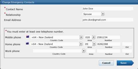 Screenshot of Change Emergency Contacts page
