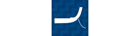 Icon of the end of a waka, and the line mooring it to shore. Background is an ascending diagonal two-tone zig-zag or poutama step pattern.