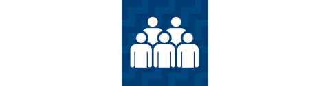 Icon composed of stylised people, head to hips, three in front, two behind. Background is an ascending diagonal two-tone zig-zag or poutama step pattern.