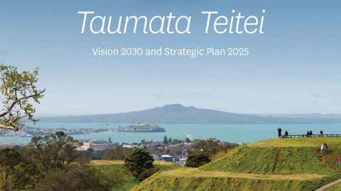 Part of the cover of Taumata Teitei, showing Mount Eden in the foreground, Rangitoto in the background across the harbour.