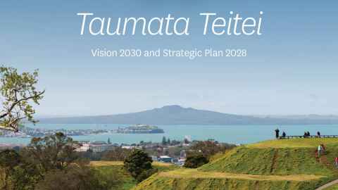 Part of the cover of Taumata Teitei, showing Mount Eden in the foreground, Rangitoto in the background across the harbour.