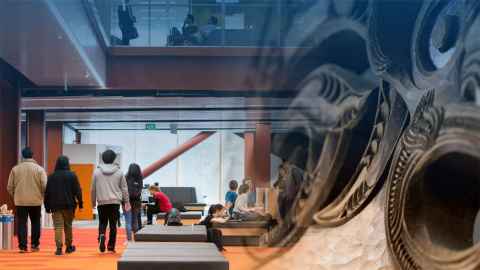 Students in the Science Centre atrium, with an overlay of a Māori carving.