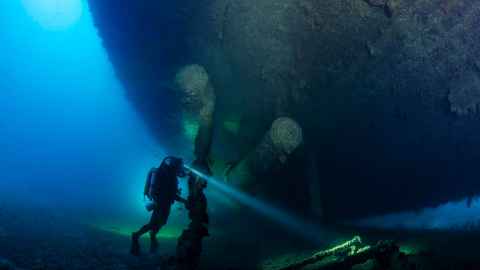Professor Simon Mitchell diving the wreck of the Nagato, Bikini Atoll