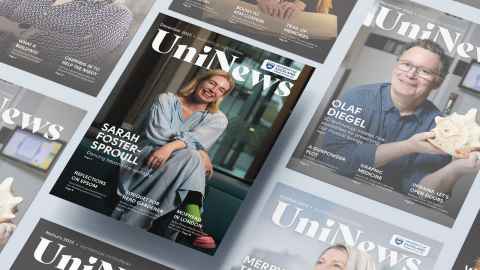 December 2023 UniNews cover showing Dr Sarah Foster-Sproull and a compilation of past covers