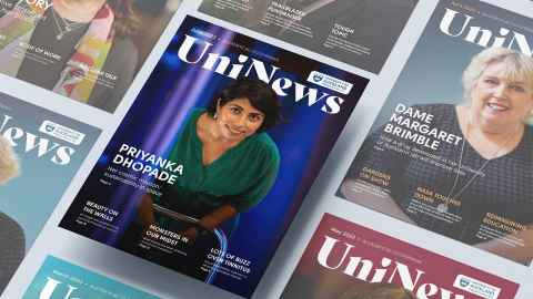 June 2023 UniNews cover showing Priyanka Dhopade plus a compilation of past covers