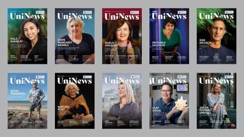 2023 UniNews covers, Featuring Hala Barakat, Margaret Brimble, Nuala Gregory, Priyanka Dhopade, Dan Hikuroa, Kevin Trenberth, Waiora Port, Merryn Tawhai, Olaf Diegel and Sara Foster-Sproull.