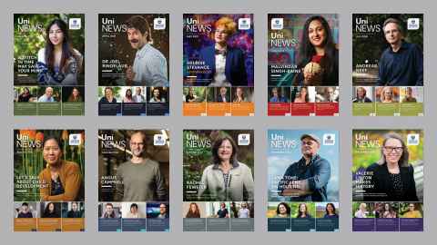 Compilation of UniNews 2021 covers, featuring Featuring Mei Gillespie, Joel Rindelaub, Heloise Stevance, Malvindar Singh-Bains, Andreas Neef, Jin Russell, Angus Campbell, Rachel Fewster, Lama Tone, and Valerie Linton.