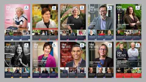 Compilation of UniNews 2020 covers, featuring Michele Leggott, Annie Goldson, Susan Morton, Steven Dakin, Lara Greaves, Selina Tusitala Marsh, Felicity Barnes, Rhys Jones, Nikki Turner, and Russell Snell and Klaus Lehnert.