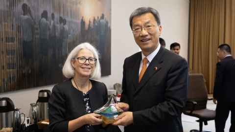 Professor Dawn Freshwater with Huai Jinping, Minister of Education, China