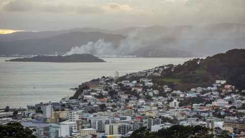 Smoke over Wellington due to a factory fire in Lower Hutt 