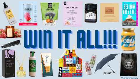 The words 'Win it all!!!' surrounded by items such as a Blunt umbrella and Korma curry sauce.