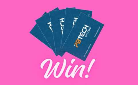 The word "Win!" below 5 PB Tech gift cards on a pink background