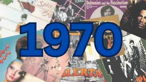 A pile of vinyl records from Split Enz, The Clash and more with '1970' in the foreground.