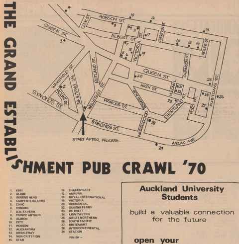 A map with the words 'Grand Establishment Pub Crawl '70' on it.