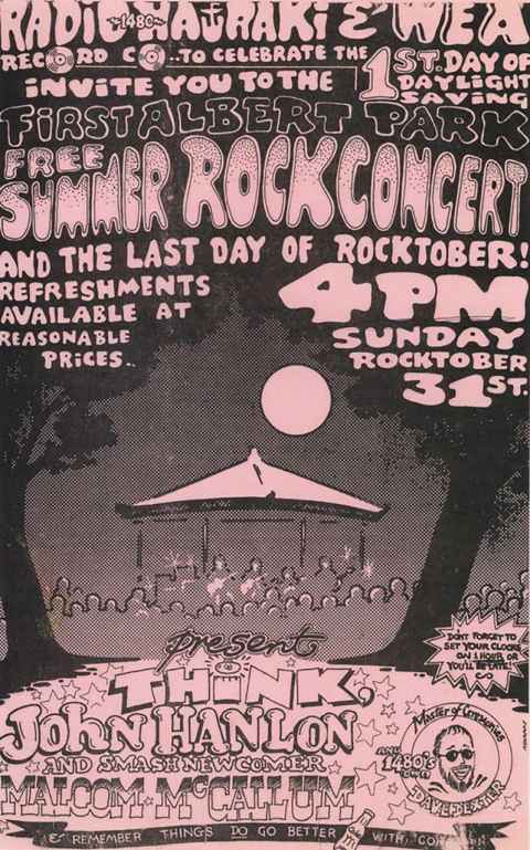 A poster advertising a free rock concert in Albert Park.