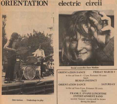 An image of a newspaper with photos of a band playing and advertising for an orientation dance.