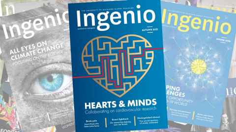 Cover of Ingenio Autumn 2021, a gold heart shaped maze diagram, with a red heartbeat overlaid across it