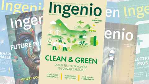 Spring 2024 issue cover on top of earlier issues. Clean and green is the main heading, with a graphic image of mountains, a plane, windmills, and people planting something in a test tube in the foreground.