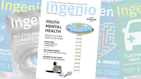 Cover of Ingenio Spring 2022 about youth mental health, with a cartoon of someone sitting in a hole with a ladder in front of them, leading to an opening through which can be seen the sun and blue sky
