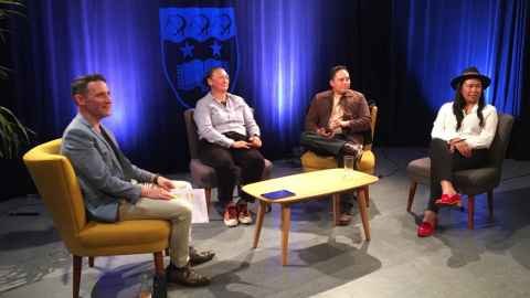 In UoA Media Productions studio, from left to right: Ngā Taniwha Chair, Dan Te Whenua Walker, Fonteyn Moses-Te Kani, Henare Johnson, Kirstin Te Wao