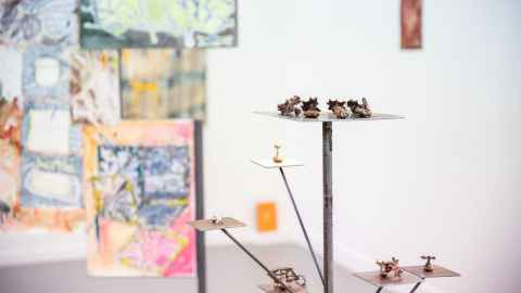 Installation view of Georgia Arnold's work, 'Dizziness & Drawing Breath', 2023.