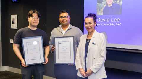 Acting Dean Professor Carla Houkamau with David Lee (Senior Associate, PwC) and Ojas Shukla (Director & COO, Food4Good). 