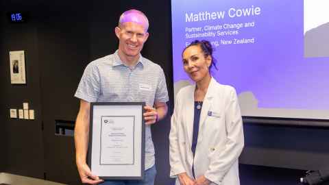Interim Dean Professor Carla Houkamau with Matthew Cowie, Partner - Climate Change and Sustainability Services at EY New Zealand