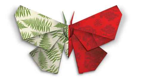 Image of a red, green and white paper butterfly made by origami.