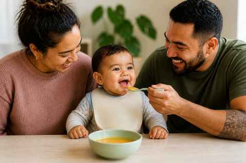 Parents feeding a baby 