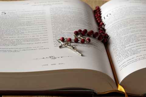 Rosary beads on a bible.